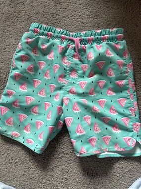 Kids Mint Watermelon Print Swim Trunks with Pink Drawstring